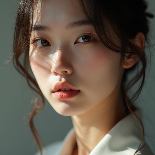 A hyper-realistic portrait of a young woman showing detailed skin texture. Photorealistic lighting creates depth. The image is in 8K resolution. It features a Korean woman.