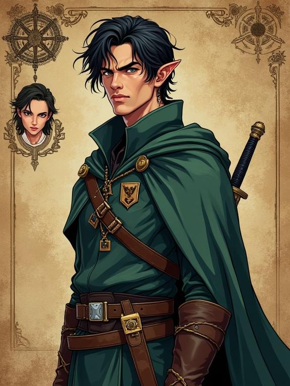 2.5D depth rotoscope full-body portrait of a half-elf male investigator standing confidently. Features include short pointed ears, gray-green eyes, and medium-length dark hair. Dressed in a travel cloak with an investigator's insignia and two short swords on his belt. The background is styled like ancient parchment with arcane symbols and military insignias. An ink-drawn bust portrait is included, displaying a pokerface expression. Rendered in bold comic-book outlines and vibrant colors. Cinematic lighting effects enhance depth.