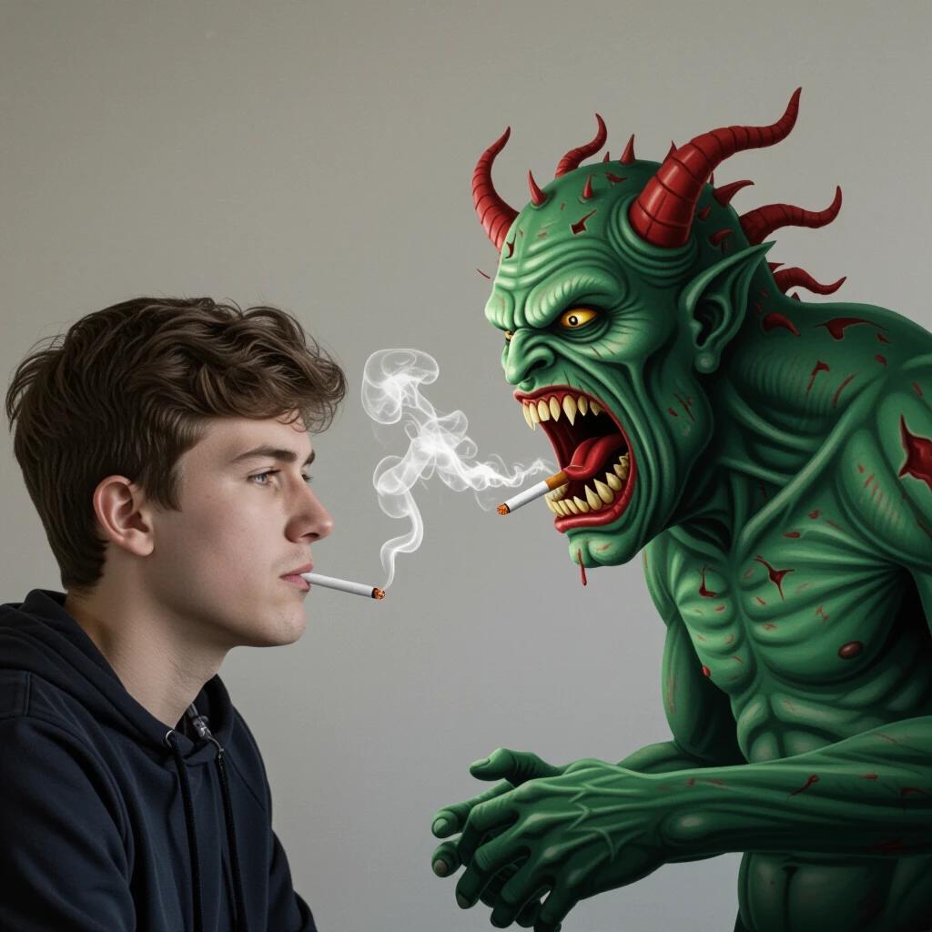 Image of a 20-year-old man smoking a cigarette. A monster representing cancer emerges from the cigarette to confront the smoker. The image conveys a sense of fear.