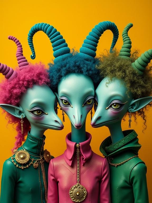 Surreal whimsical portrait of three unique creatures dressed in eccentric attire in shades of green and magenta with intricate details. Background is bright yellow ocher.