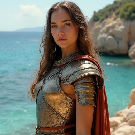 A young woman in Bronze Age Mycenaean armor stands on the Mediterranean coast of Greece. She has long light brown hair, brown eyes, and red lips. The armor covers her body completely. The setting is lush and scenic.