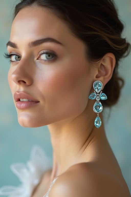 Elegant female model wearing aquamarine gemstone jewelry close-up shot. Showcasing earrings and a delicate ring. Soft studio lighting with pastel background. Model's makeup is minimal and classy. High-end fashion editorial style. Sharp focus on jewelry with reflections and details.