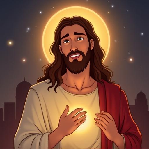 A stylized depiction of Jesus animated in a Disney-like style with a warm expression and a glowing halo.