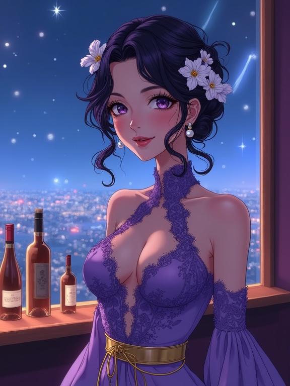 A stunning anime woman with dark violet hair styled in an updo. She wears a high-neck purple gown with lace detailing and a golden belt. The background features a nighttime city view with shooting stars. Soft lighting enhances her serene smile and elegant features.