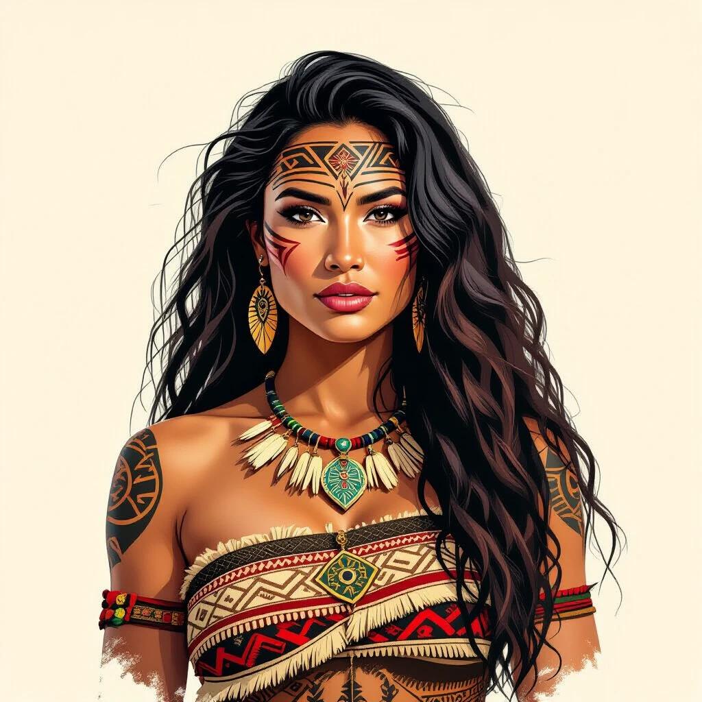Woman depicted as a Maori warrior. She has an imposing presence and sensual expression. Traditional tattoos and jewelry are featured prominently.