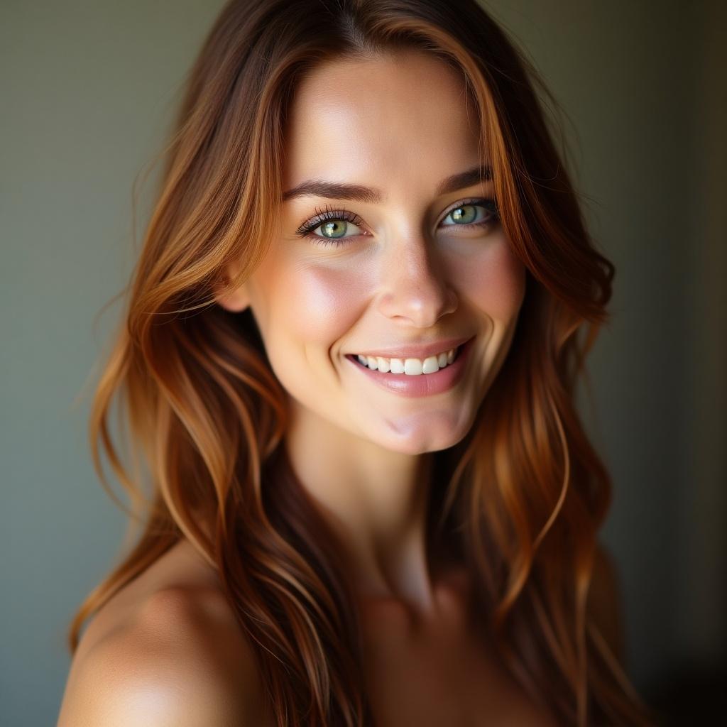 A woman with green eyes and full lips smiles softly. Her long auburn hair flows around her shoulders. Soft natural lighting highlights her features. Warm and approachable expression. Neutral background emphasizes her smile.