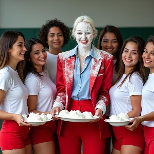 Group of young women in short-sleeved white shirts and red shorts around a woman in red business suit. Woman covered in whipped cream and colorful food splashes. Others holding plates of desserts. Expressions vary from joyful to amused. Casual indoor space, possibly a gym. Bright and even lighting. Informal composition with a fun scene.