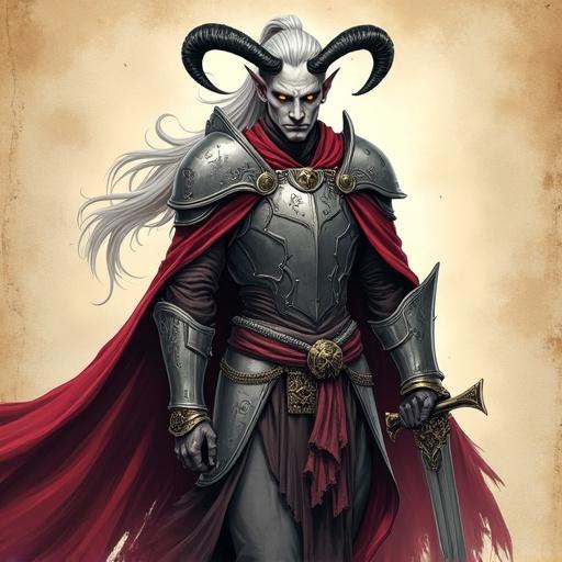A tall male tiefling paladin with ash-gray skin and glowing amber eyes stands imposingly. He has long silver hair tied back and sleek black curved horns. His expression is stern, showing two thin scars on his cheekbones. He wears immaculate plate armor with infernal sigils and a long dark crimson cloak. He holds a longsword in a noble stance, appearing tense like a duelist. The scene is cinematic with stylized shading and a background resembling ancient parchment.
