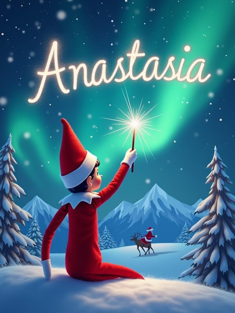 An elf on the shelf is sitting on snow. The elf looks back at the sky and spells 'Anastasia' with a wand. Northern lights shine above the elf. Santa Claus rides a reindeer in the background. Snow-covered trees surround the scene. Text in the sky reads IM ON CLOUD 9 BECAUSE SANTA IS COMING TONIGHT! A fun poem about saying goodbye to the elf included.