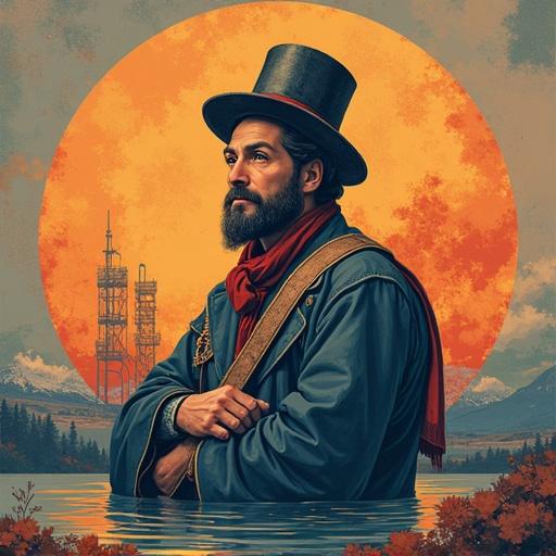 Create a logo for SPMS:s konstrunda using a portrait style. Top hat worn by a man. Background features industrial structures. Scenic setting with water reflection. Incorporate historical art elements for branding.