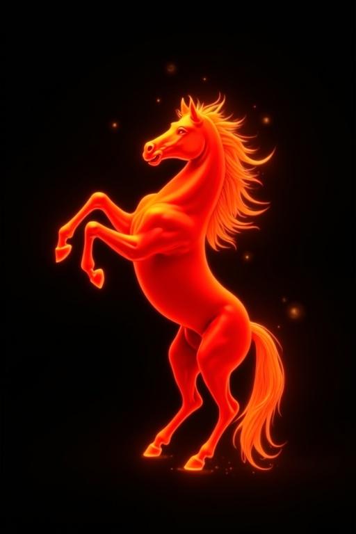 Isolated black background highlights a red fiery horse rearing up engulfed in flames.