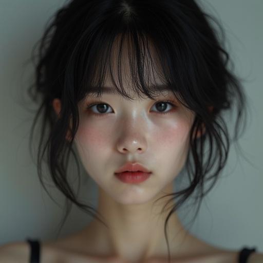 Portrait of a young Japanese girl with dark short hair. Ultra-realistic photo showcasing natural beauty.