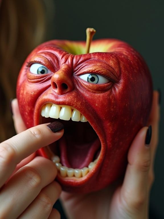 Hyper-realistic red apple with a human face screaming in exaggerated agony. A woman holds the apple mid-bite. The apple's face shows intense pain with wide eyes and an open mouth. The scene resembles a stock photo.