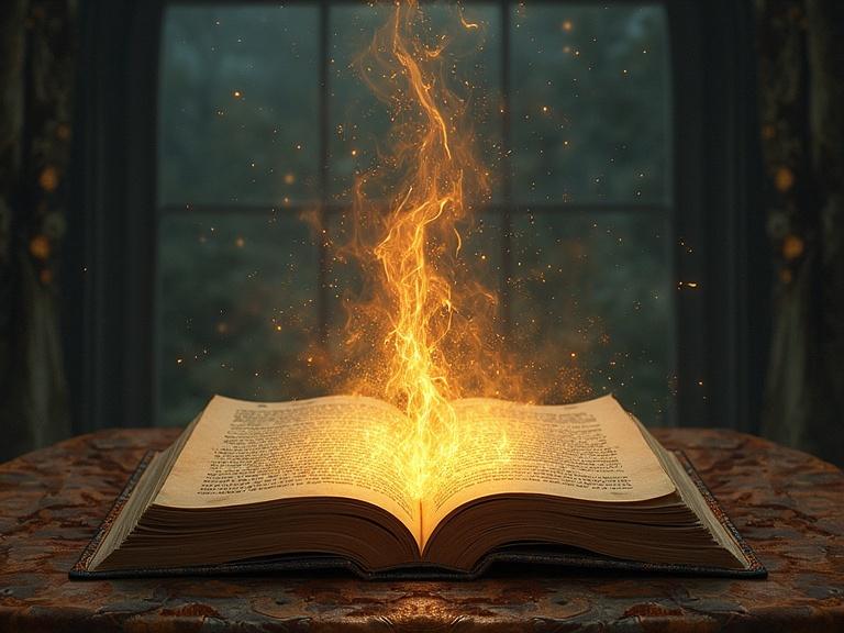 Open book on a table. Flames rise from the center of the book. Soft light fills the room. Window in the background.
