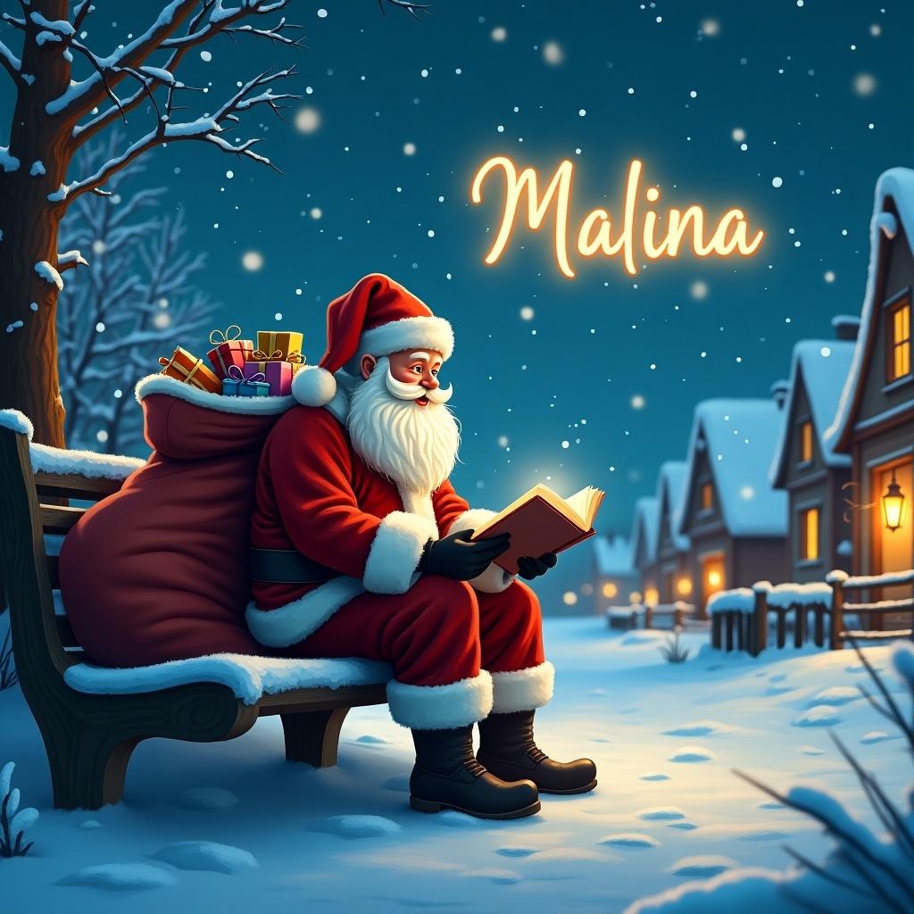 This image depicts Santa Claus in a tranquil snowy village at night. He sits on a bench, reading a notebook with a content smile. In the sky, the word 'Malina' is beautifully illuminated. The scene is cozy, with snow gently falling and warm lights glowing from nearby houses. Santa’s bag filled with gifts rests beside him, adding to the festive vibe.