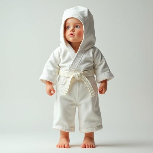 A doll with a judo suit and hands and feet. The doll is dressed in a white judo outfit with a belt.