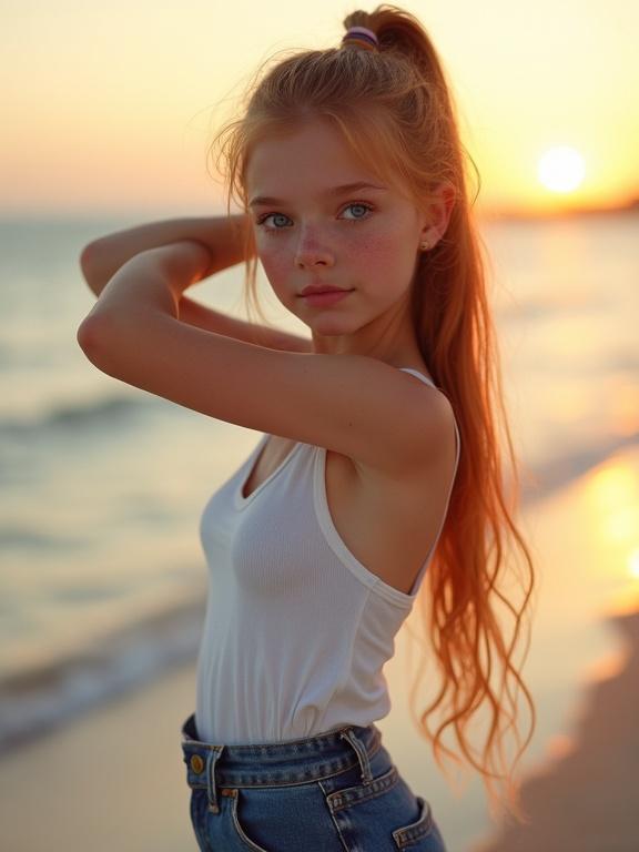 Photorealistic image of a cute tween girl posing at the beach during sunset. She has long auburn hair in a ponytail and is wearing a white tank top with denim shorts. Her arms are behind her head, highlighting her flirty expression and freckles against a vibrant sunset.