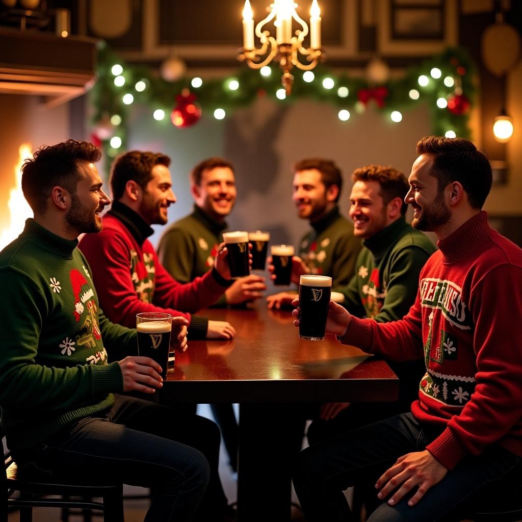 Group of men wearing Christmas jumpers enjoying pints of Guinness in an Irish bar. The background features Christmas decorations and a burning stove fire.