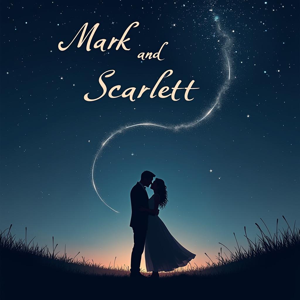 Image of a romantic couple standing in a landscape at night. Stars twinkling in the sky. Names Mark and Scarlett above the couple in an artistic style. Couple dressed formally and silhouetted against the stars. Mood evokes love and wonder.