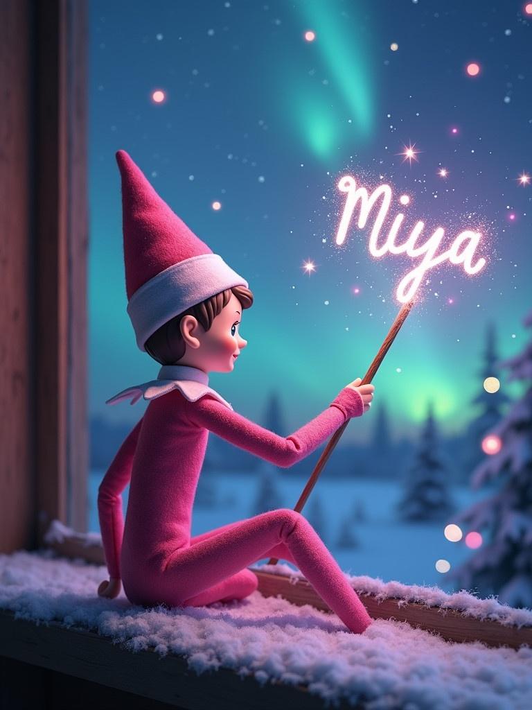 A pink elf on the shelf faces the sky. The elf uses a wand to write 'Miya' in the sparkling air. The background features a magical Christmas setting with northern lights and snowy trees. The atmosphere is enchanting and festive.