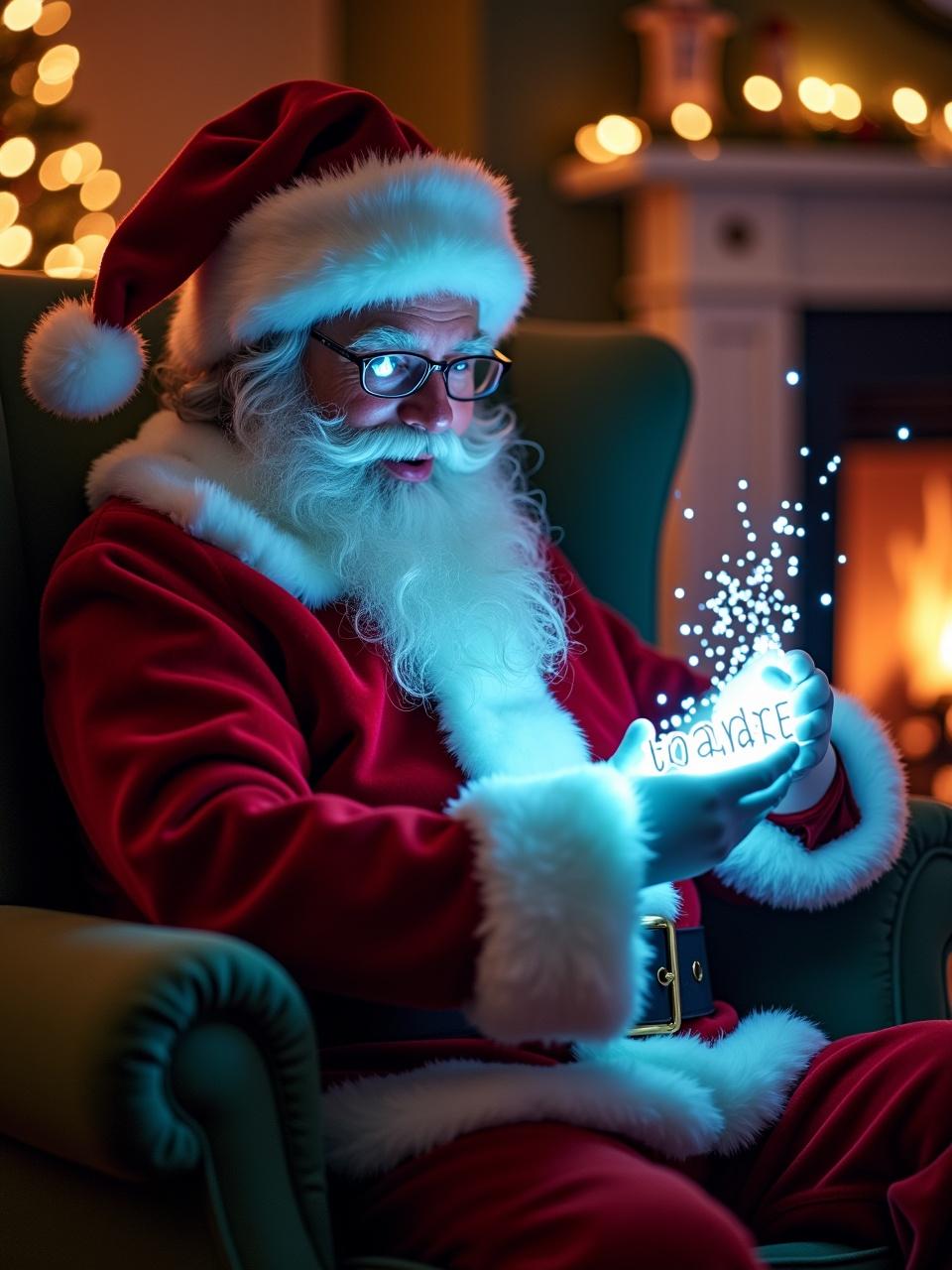 A festive scene with Santa Claus sitting in a cozy chair. He wears a red suit with white trim and looks at a glow stick. The glow stick illuminates the name Turner. Snowflakes fall around him. The background has a warm fireplace and Christmas decorations.