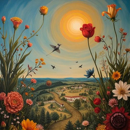 Surrealistic landscape with vibrant flowers floating in the air and a central sun. The scene depicts a harmonious blend of nature and artistry, reminiscent of Dali and Picasso. Captivating beauty through colors and form.