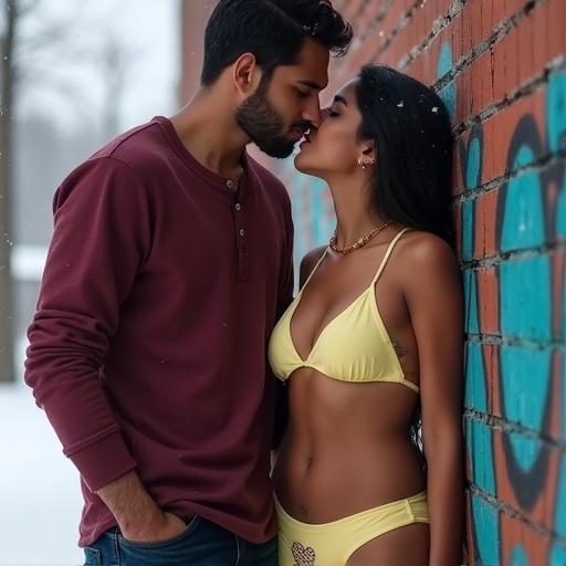 A couple kisses gently at a graffiti wall. The girl wears a maroon henley shirt and yellow swim panties. A gold chain highlights her neck. Snowflakes fall softly around them. Winter light creates a warm atmosphere. A private moment of connection and tenderness.
