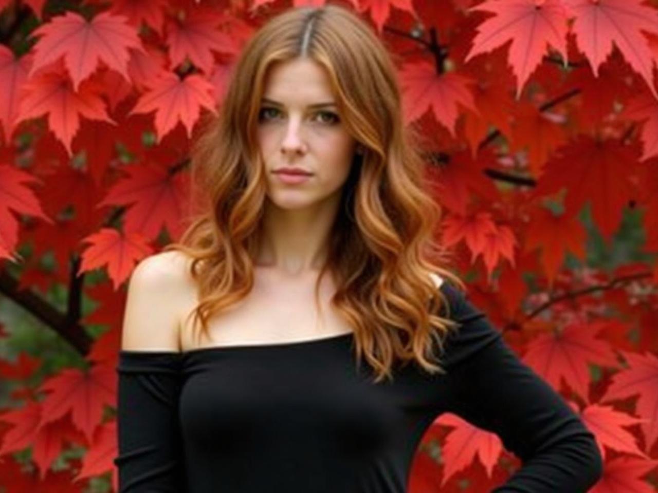 The image features a person with long, wavy, reddish-brown hair, partially visible due to a blurred face. They are wearing a black off-shoulder top, which highlights their shoulders and arms. The background presents vibrant red foliage, suggesting a seasonal change, possibly autumn. The person's pose is relaxed, with one arm crossing over the other, creating a sense of casual elegance. The overall ambiance of the photo is warm and inviting, with soft natural lighting enhancing the colors.