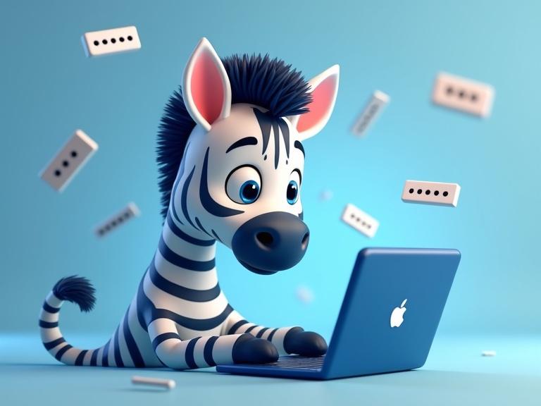 A cute blue-striped zebra is working on a laptop. Complex high-security passwords are floating in the air. The zebra looks engaged and focused. The scene embodies a lighthearted approach to online safety with a 3D Pixar style.
