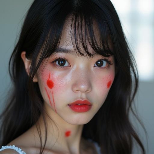 Realistic photo image generation focused on an 18-year-old woman with body paint resembling Obake no Q-taro showing red marks on her face.