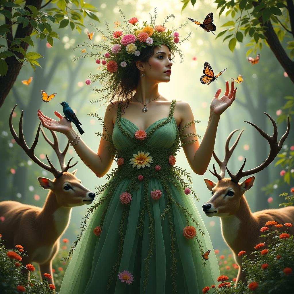 A mystical scene features a female figure embodying nature. She wears a crown of vibrant flowers and foliage. Gown consists of intertwining vines. Butterflies accentuate the scene. Deer and songbirds surround her. The composition captures a blend of flora and fauna. It evokes an aura of enchantment and serenity.