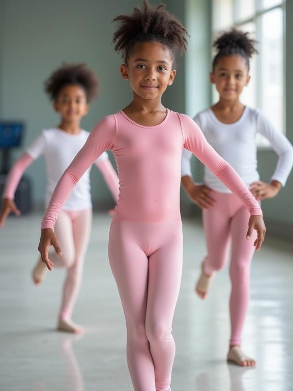 Three young girls posing in a gymnastics studio. They are wearing fitted athletic pants and long sleeve tops. Their poses show elegance. The background includes large windows and a modern floor.