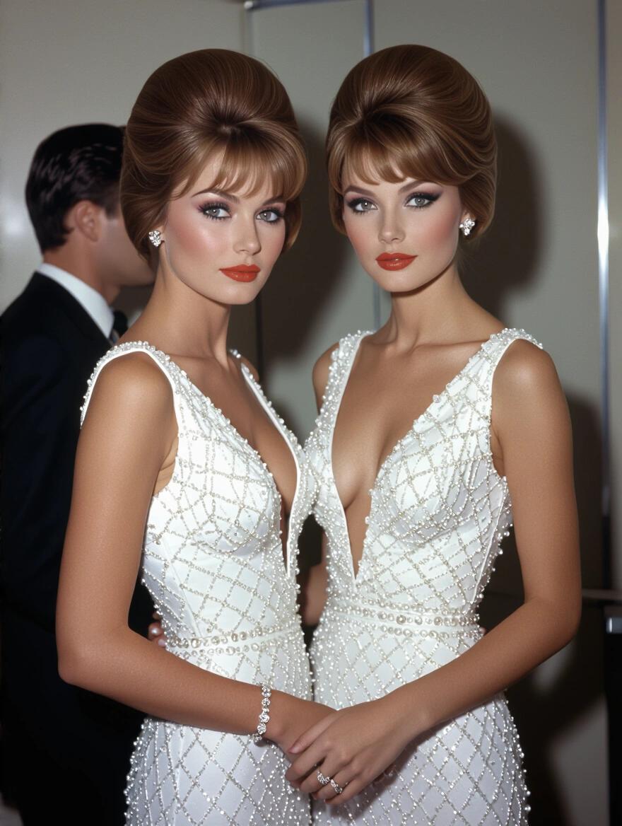 Two beautiful women with updo beehive hair wearing beaded white dresses stand next to a man in a suit. The setting is a dressing room at dusk. They look at the camera. Soft natural lighting enhances their features.