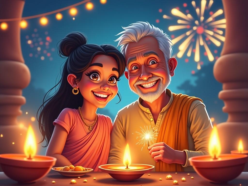 Create a cheerful and colorful caricature illustration featuring an Indian middle-aged couple and a teenage girl celebrating Diwali. The scene includes bright colors and festive elements like fireworks and diyas (lamps). The characters should display joyful expressions while holding sparklers. The background should enhance the festive atmosphere with warm lighting and decorations. Highlight the cultural significance of Diwali through traditional attire and familial bonding.