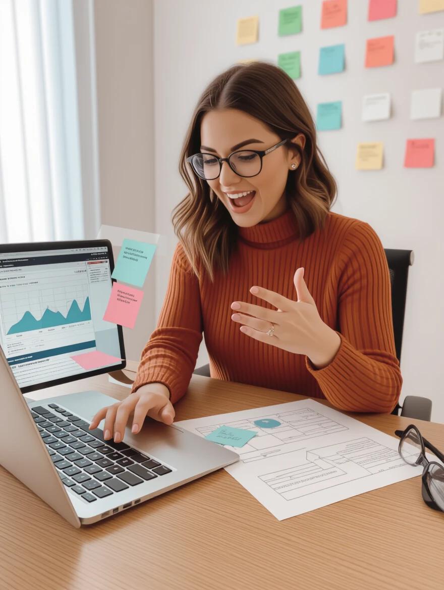 Woman working on online business project with laptop. Engaged in her work with charts and sticky notes around. Bright and modern workspace. Enthusiastic expression while analyzing data.