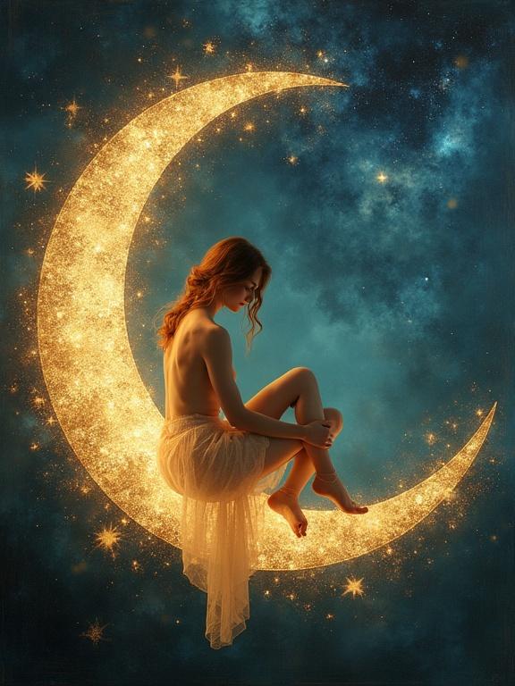 A delicate woman with porcelain skin wearing only lace sits on a crescent moon. Background features a dynamic nebula. Gold leaf highlights create a dreamy effect. Highly textured painting with an ethereal feel. Best quality, 8k resolution.