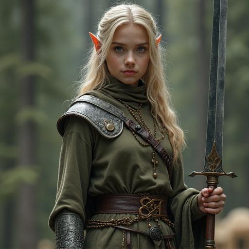 A young half-elf girl with light-colored hair. She wears a green dress with armor elements. She holds a long sword in her right hand. The setting is whimsical and fantasy-inspired.