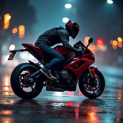 A dynamic scene featuring a sportbike and rider captured at night. The rider is in motion on a red motorcycle. City street lights create a vibrant backdrop with blurred effects, enhancing the night atmosphere. The reflections on wet pavement add depth to the image. The overall vibe conveys excitement and the thrill of biking.
