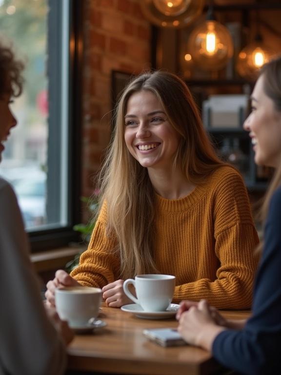 Candid photo of woman with long hair and friends at coffee shop. They are smiling and having conversation. Warm tones create cozy atmosphere.