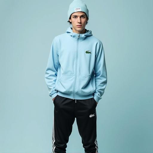 Full body portrait of a male in a trendy urban style. Bright blue tracksuit top zipped up. Black track pants with a bulge in front. Stylish trainers with laces tucked in. Model wears a beanie cap tilted to one side. Captured in good lighting.