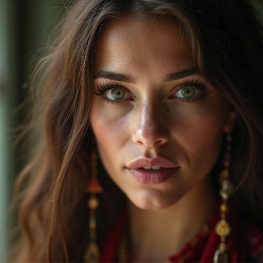 Close up of a female fortune teller with focus on facial features. Natural and warm lighting highlights her expression. Long hair with earrings. Emphasis on her eyes suggesting insight into horoscopes.