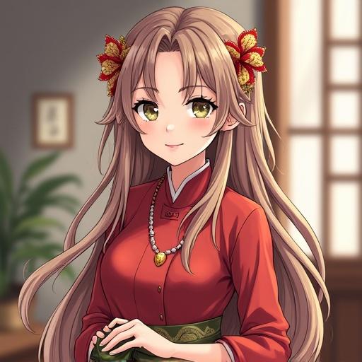 Portrait of a female character in traditional attire with long hair and floral accessories wearing a warm expression.