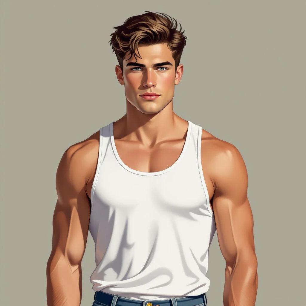 Handsomeness of a frat boy captured in an illustration. Wet white tank top clings to muscular torso. Style reminiscent of Tom of Finland. Focus on strong arms and physique.