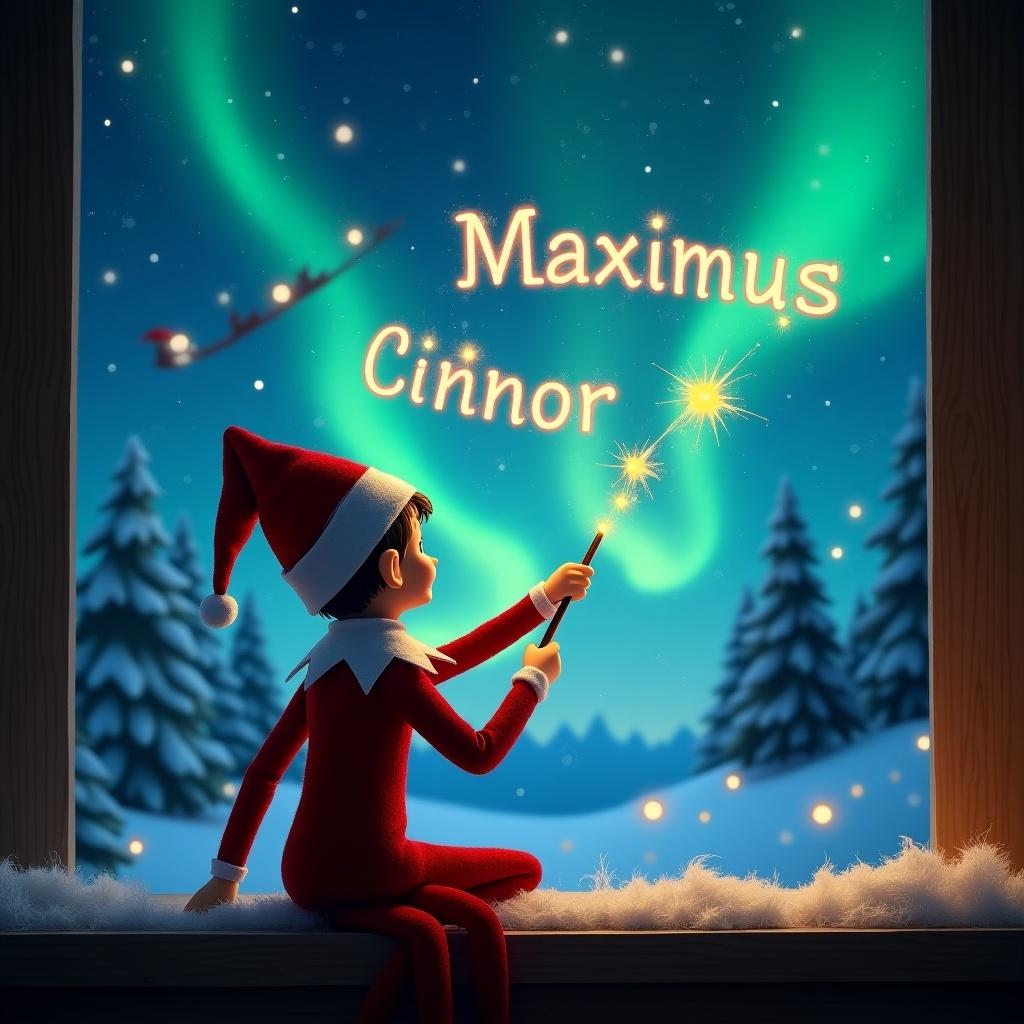 An illustration of an elf on the shelf, facing away from the viewer. The elf is sitting by a window, looking up at the sky filled with northern lights and Santa's sleigh in the distance. The elf holds a magic wand, skillfully writing the names 'Connor' and 'Max' in the air. The scene is cozy and festive, showcasing a beautiful snowy landscape with evergreen trees. The magical atmosphere embodies the spirit of Christmas, drawing the viewer into a world of wonder.