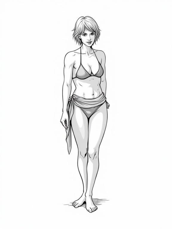Illustration of a mature woman with short hair. Woman wears a bikini and a sarong. The figure is toned and muscular. The artwork is outlined in black and white. High definition and crisp details of the body.