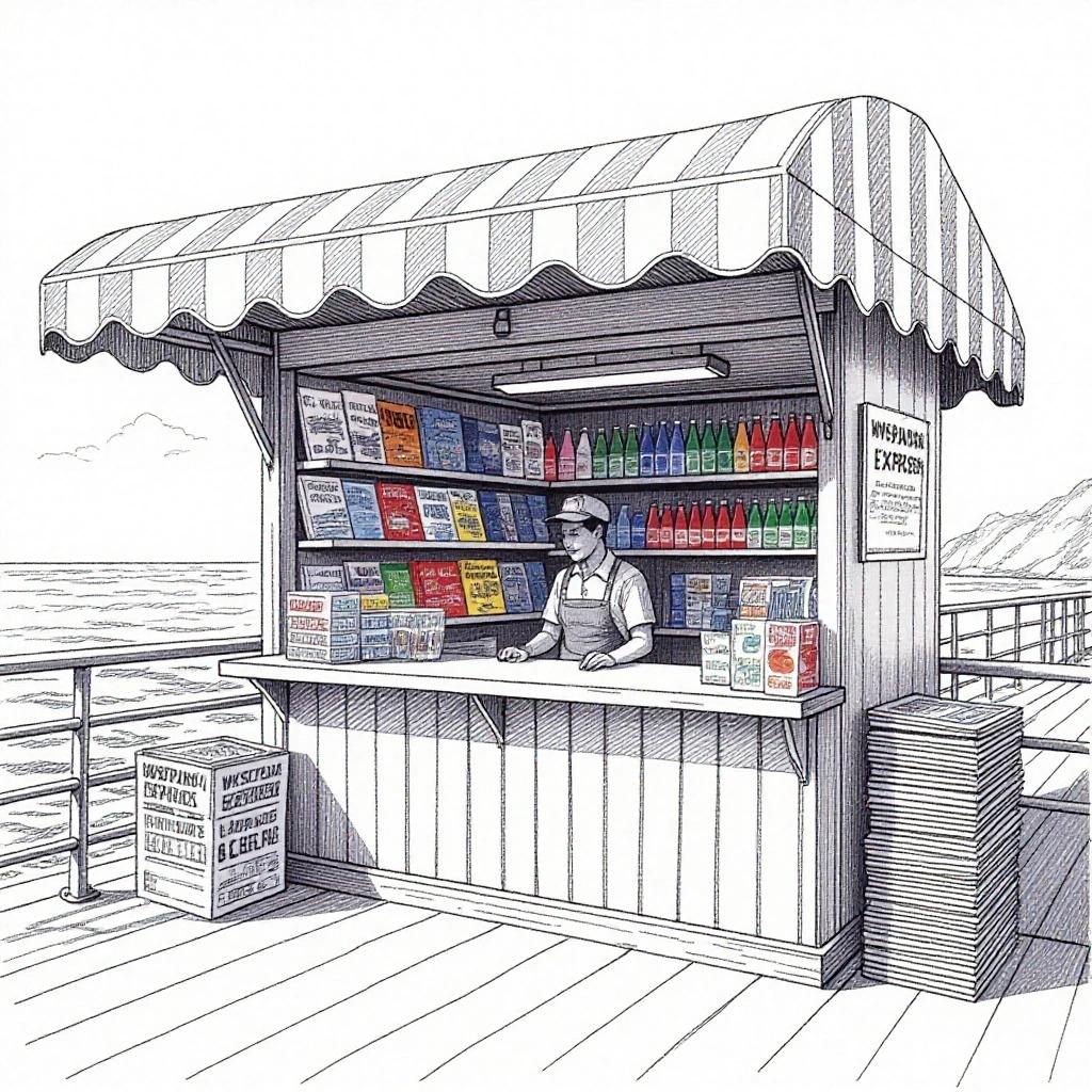 Pencil sketch depicting a ferry kiosk on an upper deck. Open shelves filled with colorful magazines and bottled drinks. A clerk in casual uniform mans the counter. Stack of newspapers titled 'Wyspiański Express' on a side stand. Background features railings and ocean view. Lively sunlit atmosphere with clear linework and comic-style shading influenced by European artists.