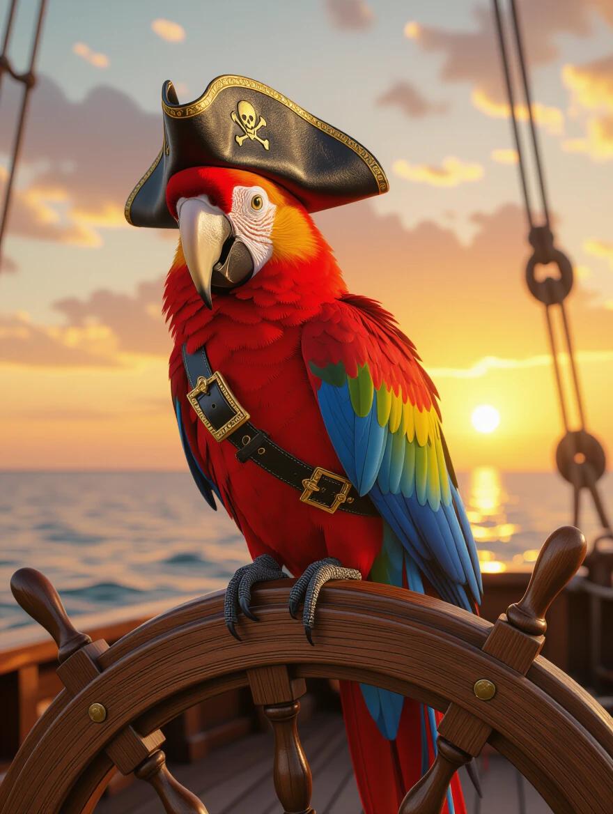 Cinematic portrait of a scarlet macaw pirate captain on a ship's wheel. The parrot wears a tricorn hat with gold trim and a black leather eyepatch. An ornate cutlass is strapped to its wing. Dramatic ocean sunset in the background. Highly detailed feathers with an epic maritime adventure style.