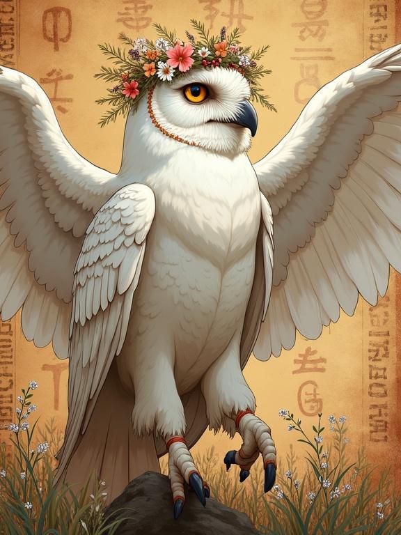 Anime style illustration featuring a white owl. Full-length portrait with realistic anatomy. Owl wears Indian folk robes and a wreath of wildflowers. Expressive sharp intelligent eyes. Soft veil of feathers. Mystical atmosphere conveyed through spread wings. Background consists of old papyrus with mystical runes. Soft warm lighting enhances details. Dramatic shadows add depth to the composition. Detailed textures reflect realism.