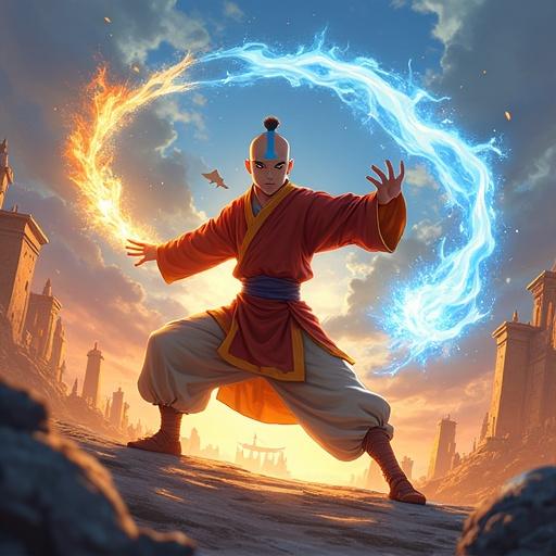 Aang is bending water, earth, fire, and air. He is in a dynamic pose with a glowing elemental aura. He wears traditional Air Nomad clothing. The style is anime, with vibrant colors and hyper-detailed elements. The background features ancient Air Temple ruins. Appa is soaring above. The atmosphere feels mystical and cinematic.