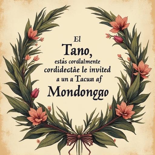 Invitation features a floral design with elegant text. Main message invites El Tano to a cazuela de Mondongo. Small text notes no need for utensils.